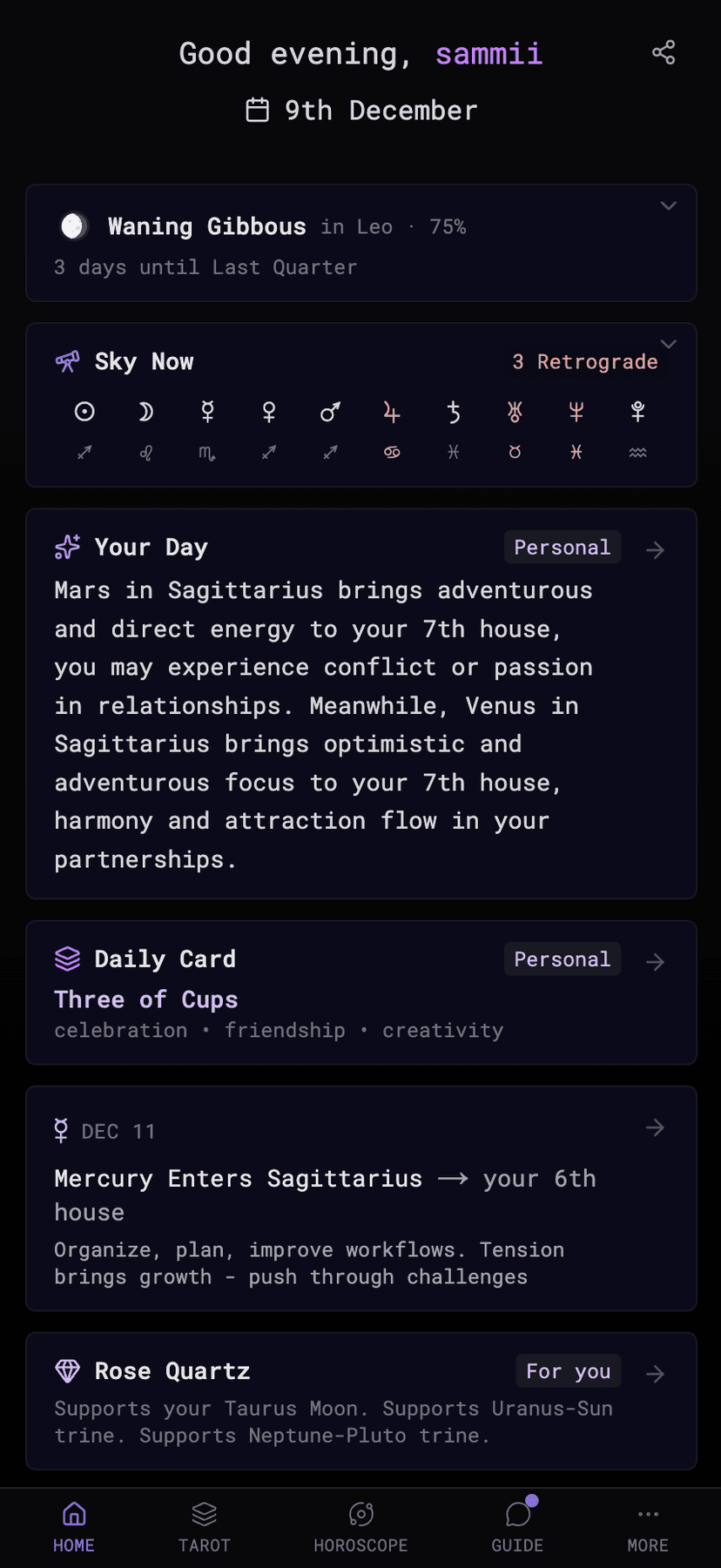 Lunary app dashboard showing personalized cosmic insights